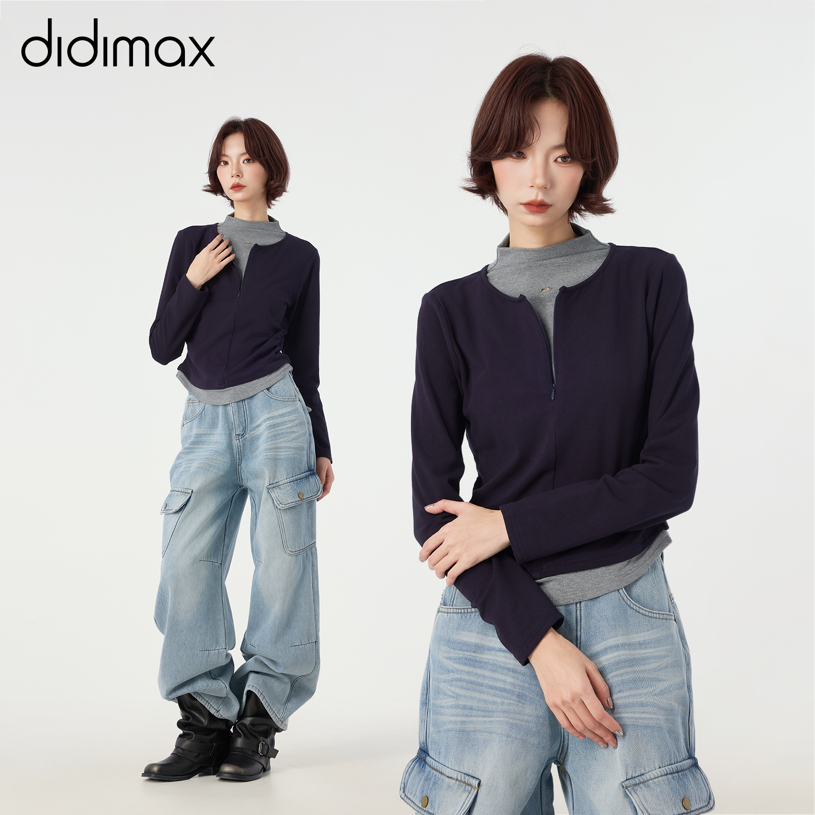 didimax冬季新款藏青色半拉链假两件修身打底衫 掐腰设计W46750
