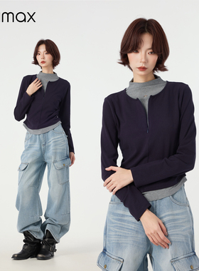 didimax冬季新款藏青色半拉链假两件修身打底衫 掐腰设计W46750