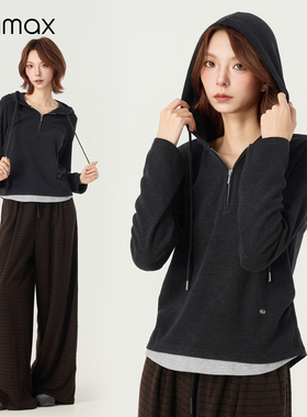 didimax冬季新款深灰色半拉链连帽上衣 女小衫假两件拼接W46091