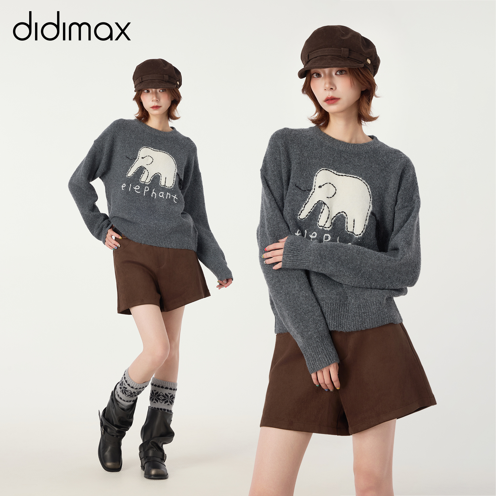 didimax冬季新款灰色圆领针织毛衫上衣 短款上衣内搭宽松W26144