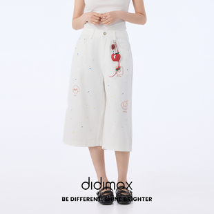 didimax夏季新款白色中裤 小狗刺绣印花 七分裤牛仔裤女X59143