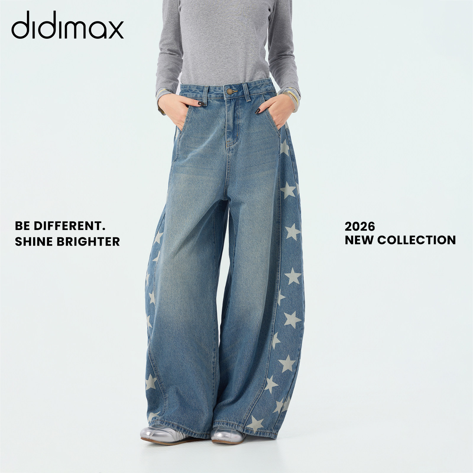 didimax春季新款蓝色宽松牛仔裤女 侧边星星撞色微喇复古C57277,女装/女士精品,牛仔裤,淘宝优惠券,粉丝福利购,淘宝优惠卷