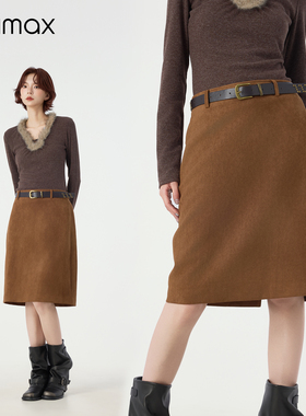 didimax冬季新款麂皮半身裙女 中裙复古百搭 高腰A字裙子W66856