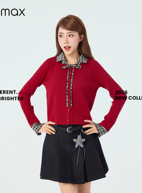 didimax春季新款红色绞花针织衫娃娃领格子袖口拼接女原创C27017