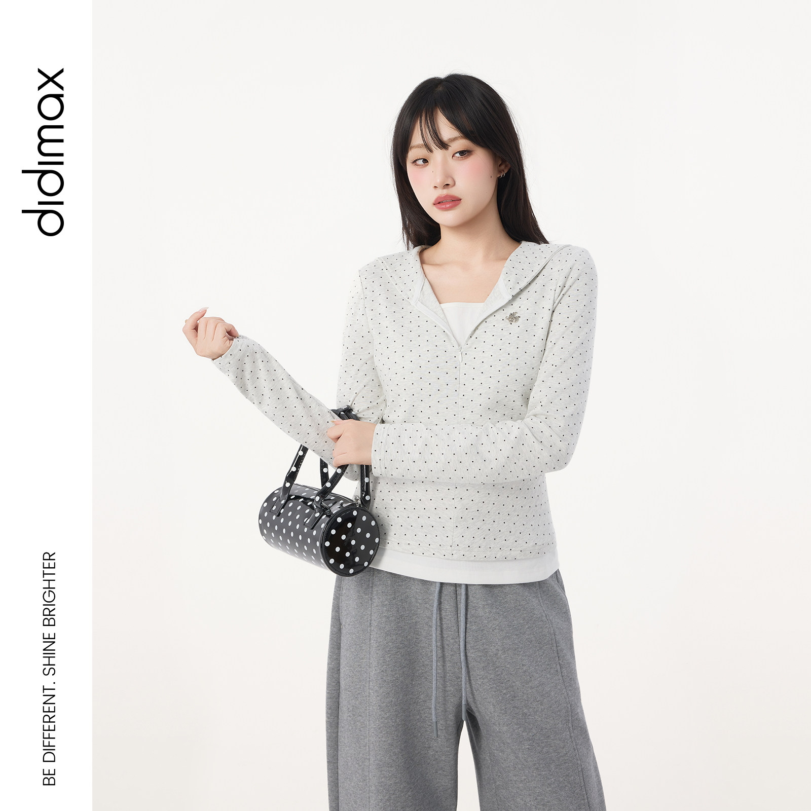 didimax秋季新款灰色波点海军领长袖假两件 时尚上衣修身女Q40195图片