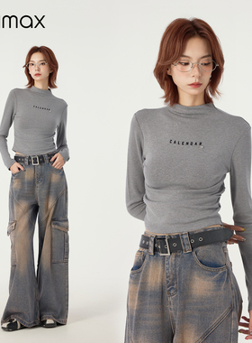 didimax冬季新款灰色半高领修身小衫 腰部褶皱长袖上衣女W45846