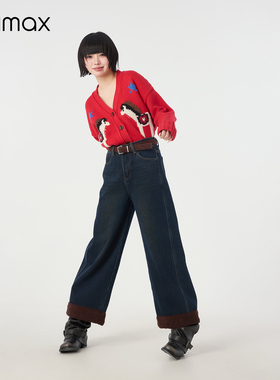 didimax冬季新款深蓝翻领毛绒牛仔裤 直筒阔腿加绒长裤女W56925