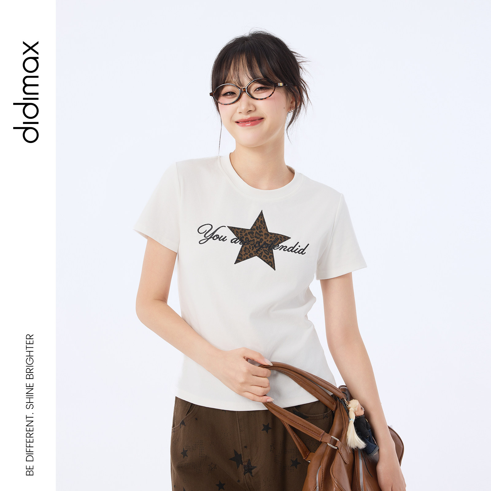 didimax秋季新款白色正肩打底衫修身型星星图案女士短袖T恤Q09981图片