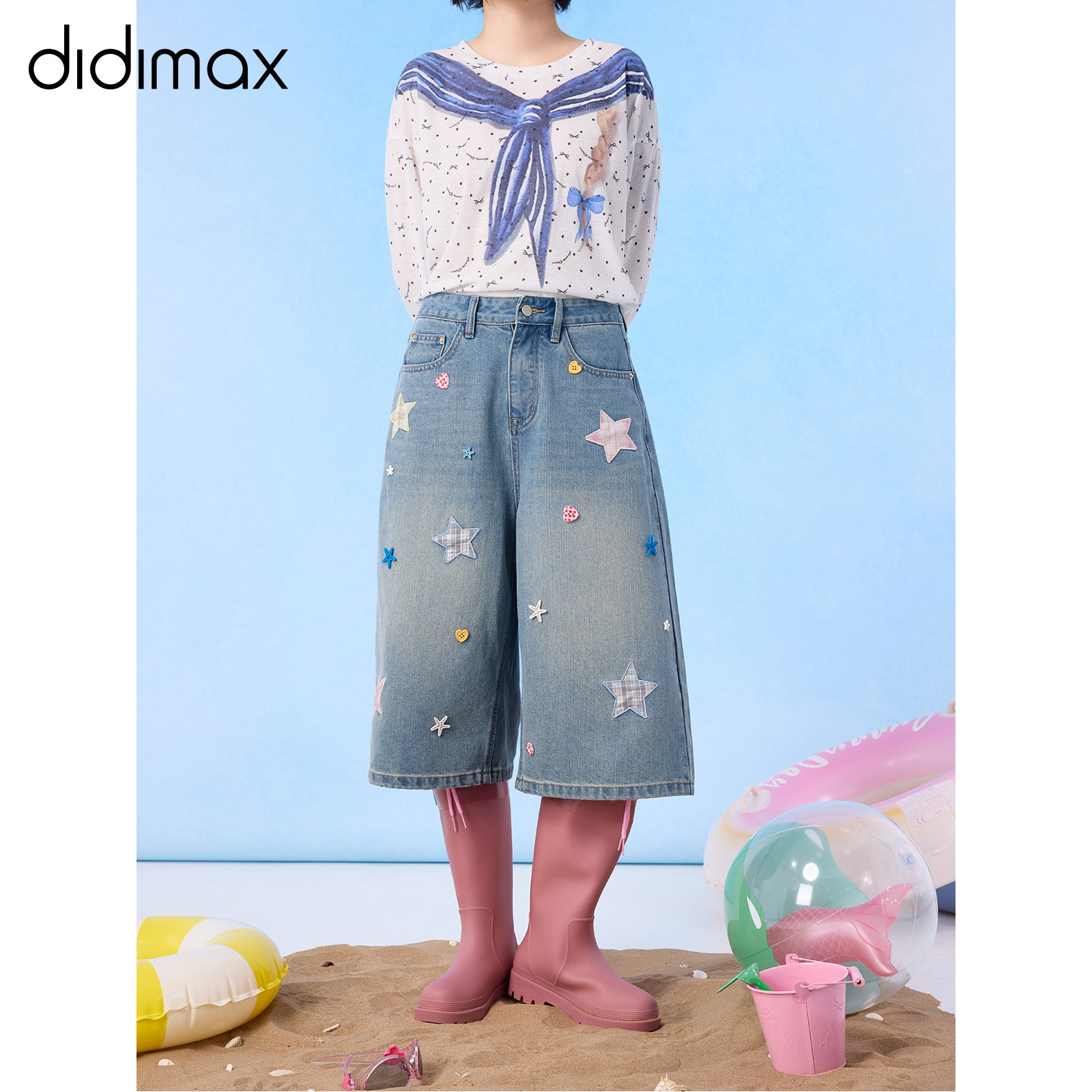 didimax夏季新款蓝色阔腿牛仔裤 五角星休闲七分裤原创设计X58628
