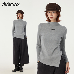didimax冬季新款半高领灰色打底衫 后背纽扣不规则下摆上衣W46192
