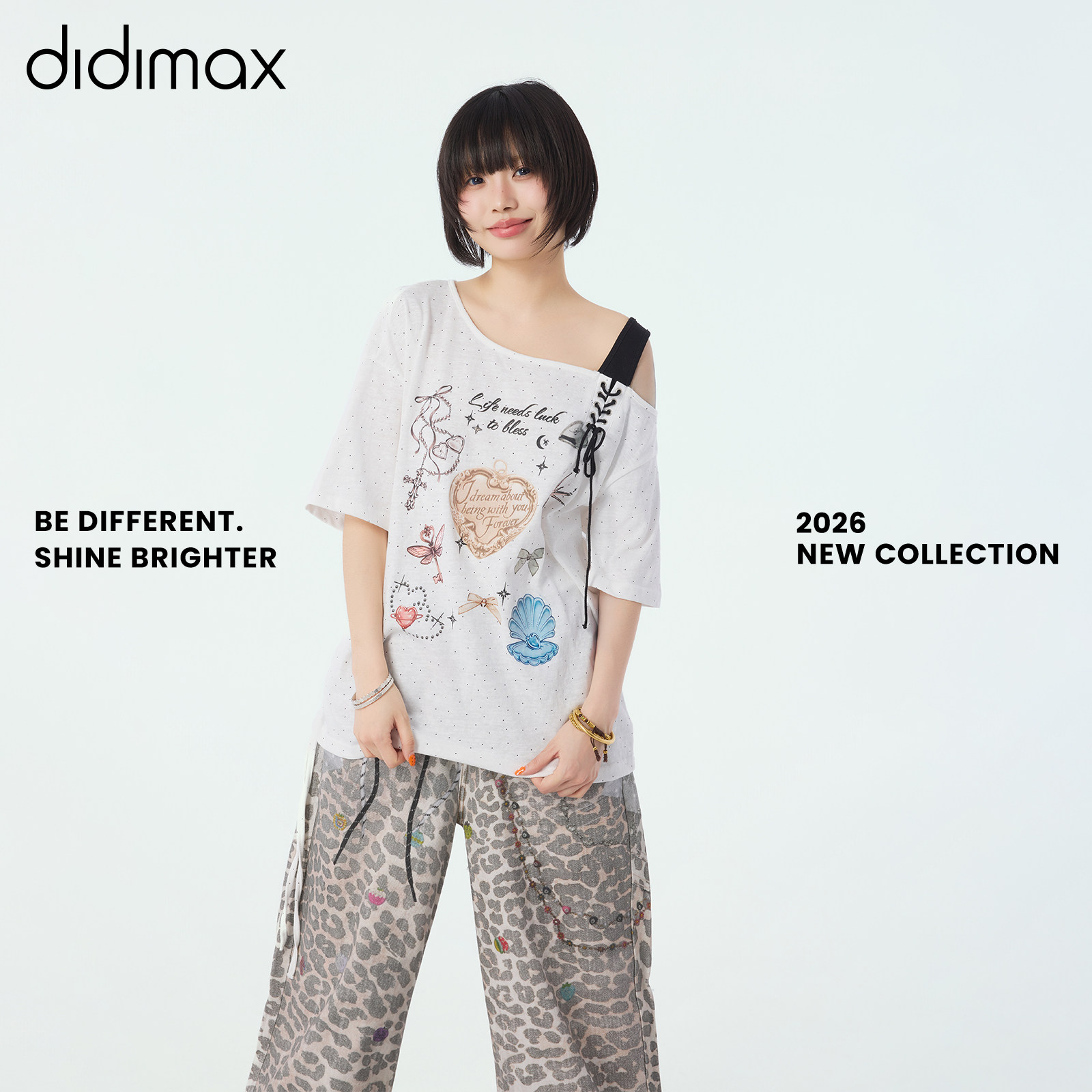 didimax夏季新款白色单肩T恤 五分袖休闲宽松上衣短袖X48317