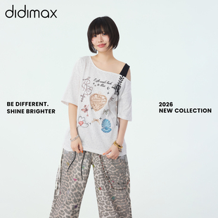 didimax夏季新款白色单肩T恤 五分袖休闲宽松上衣短袖X48317