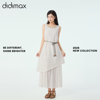 didimax夏季新款蕾丝肌理感无袖连衣裙女 杏色不规则下摆X77976