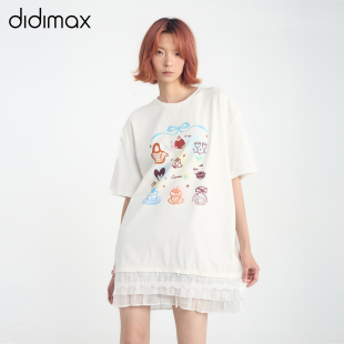 短袖 didimax夏季 裙子蕾丝边大码 新款 原创X74256 米白色宽松T恤衫