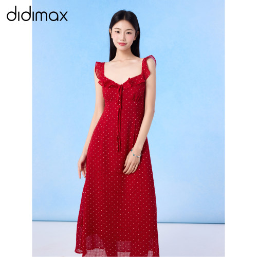 didimax夏季新款红色显白连衣裙A字裙 度假仙女网纱波点裙X78459