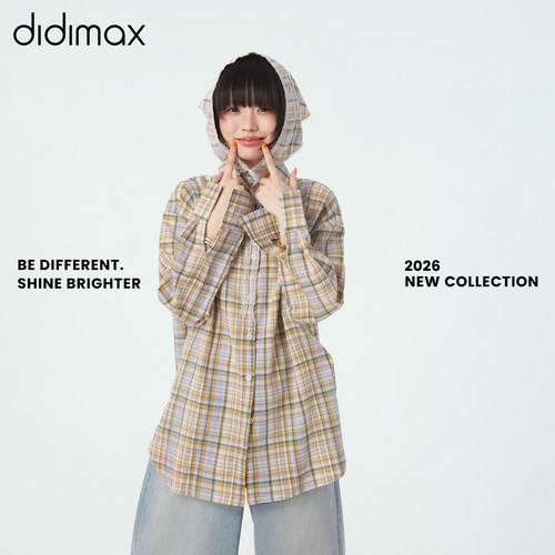 didimax夏季新款撞色格纹衬衫休闲风长袖翻领衬衣 同款头巾X18491