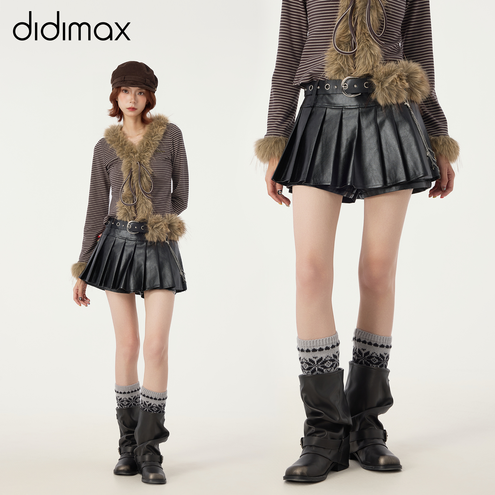 didimax冬季新款黑色pu皮裙 原创设计半身裙女 酷飒辣妹W66201