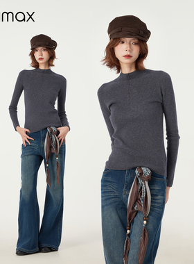 didimax冬季新款深灰色半高领打底衫 纽扣修身小衫内搭保暖W46334