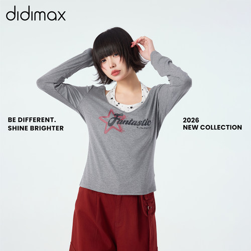 didimax春季新款灰色白色拼接挂脖小衫 女长袖上衣真两件 C87256