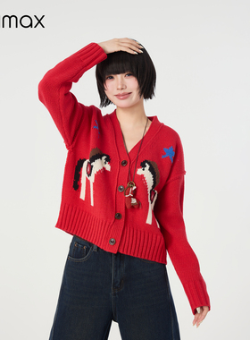 didimax春季新款红色圣诞新春毛衣开衫 短款针织衫女上衣C26917