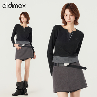 didimax冬季新款灰色拼接V领正肩小衫 波点上衣内搭女原创W46076