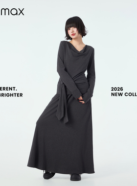 didimax春季新款堆堆领荡领灰色小衫长裙两件套 侧边系带C87066