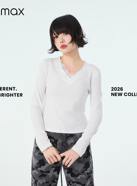 didimax春季新款白色V领修身小衫 单侧蕾丝拼接 打底衫原创C47393