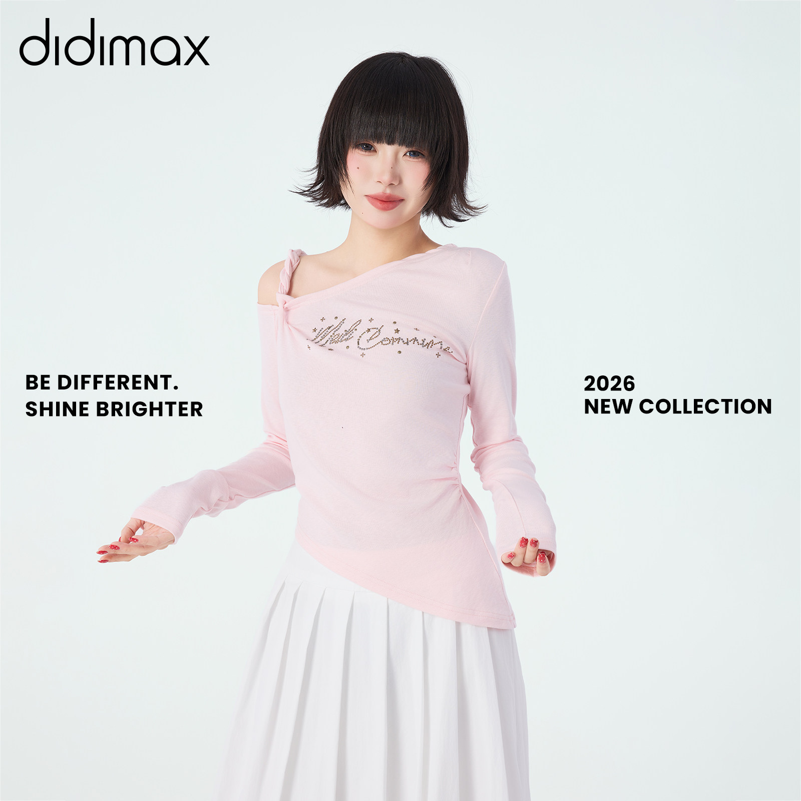 didimax春季新款嫩粉色显白斜肩上衣 单侧露肩扭结甜酷小衫C47192,女装/女士精品,毛针织衫,淘宝优惠券,粉丝福利购,淘宝优惠卷