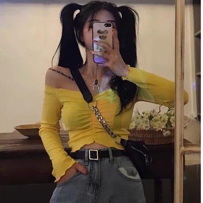 甜辣y2k一字领上衣女jazz爵士跳舞kpop女团音乐节辣妹穿搭长袖衫