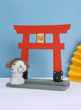 zakka日式杂货娃娃屋装饰福门木质福字鸟居创意桌面拍摄摆件