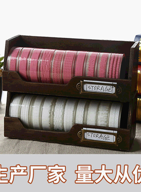 新款杂物纳盒长款胶带收纳创意摆件可叠加木质胶带盒工艺品