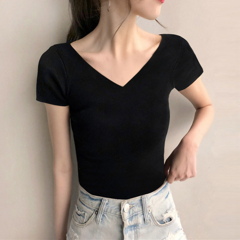 黑色修身顯瘦v領露背短袖t恤女夏大領口性感低領緊身心機小衆上衣在類目 女裝/女士精品, T恤中 - 來自Buy2taobao.com提供專業的淘寶代購服務