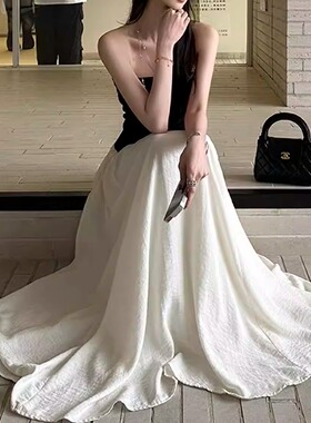白色亚麻半身裙女秋季法式简约气质垂感A字高腰大摆长裙