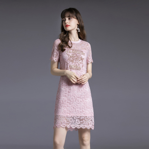 RM5804#欧洲站 新款女装气质蕾丝天使绣花中裙女宽松短袖连衣裙