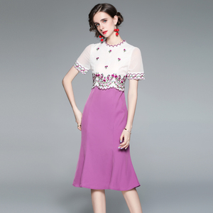 RM5806#夏女装高端轻奢法式精品垂感面料拼接鱼尾裙子重工艺刺绣连衣