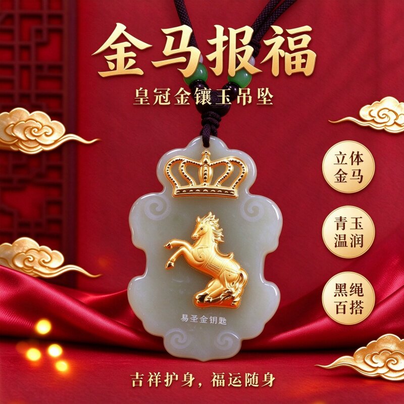正品黄金镶和田玉十二生肖吊坠男女款六合莲花皇冠卍字易圣金项链