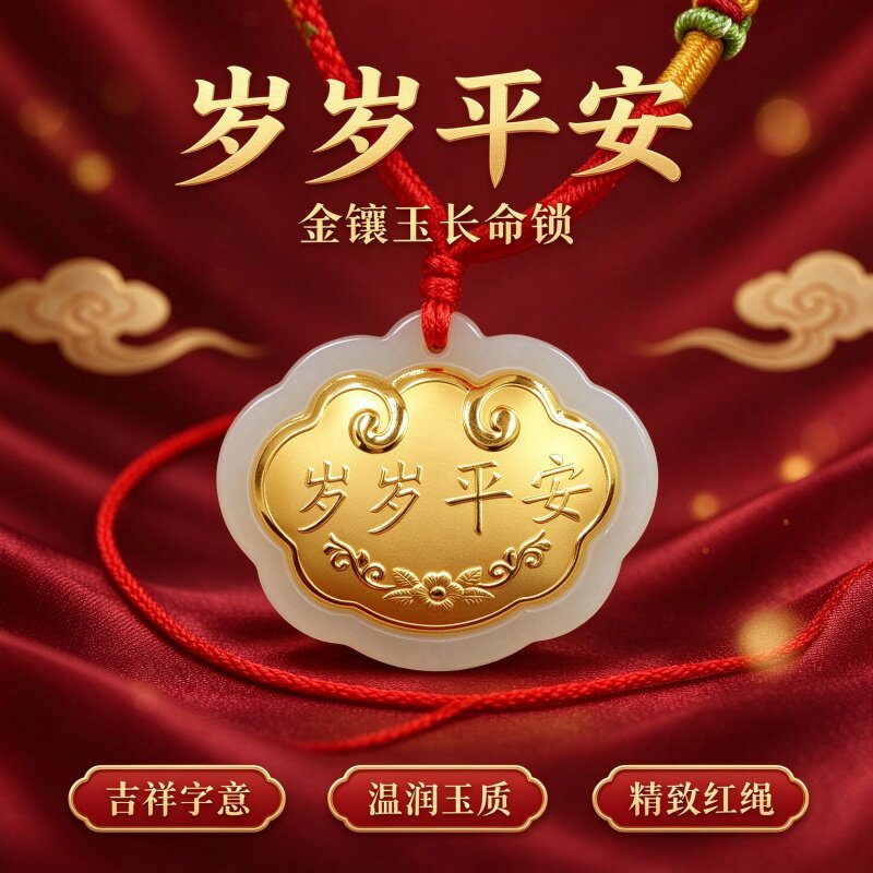 宝宝平安锁999黄金镶和田玉吊坠生肖长命锁小孩满月周岁生日礼物
