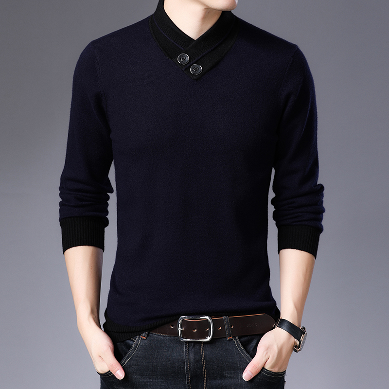 Autumn new sweater men's T-shirt collar solid color pullover with Navy