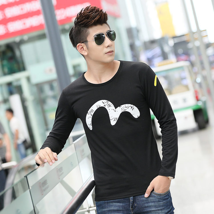 Fall 2018 New Long Sleeve T-shirt with 35 Cotton Round-collar Model Black