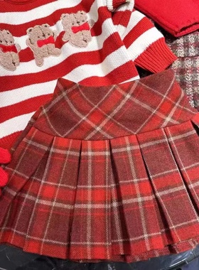 女童红色毛呢百褶裙秋冬韩版儿童复古学院风格子短裙宝宝半身裙潮