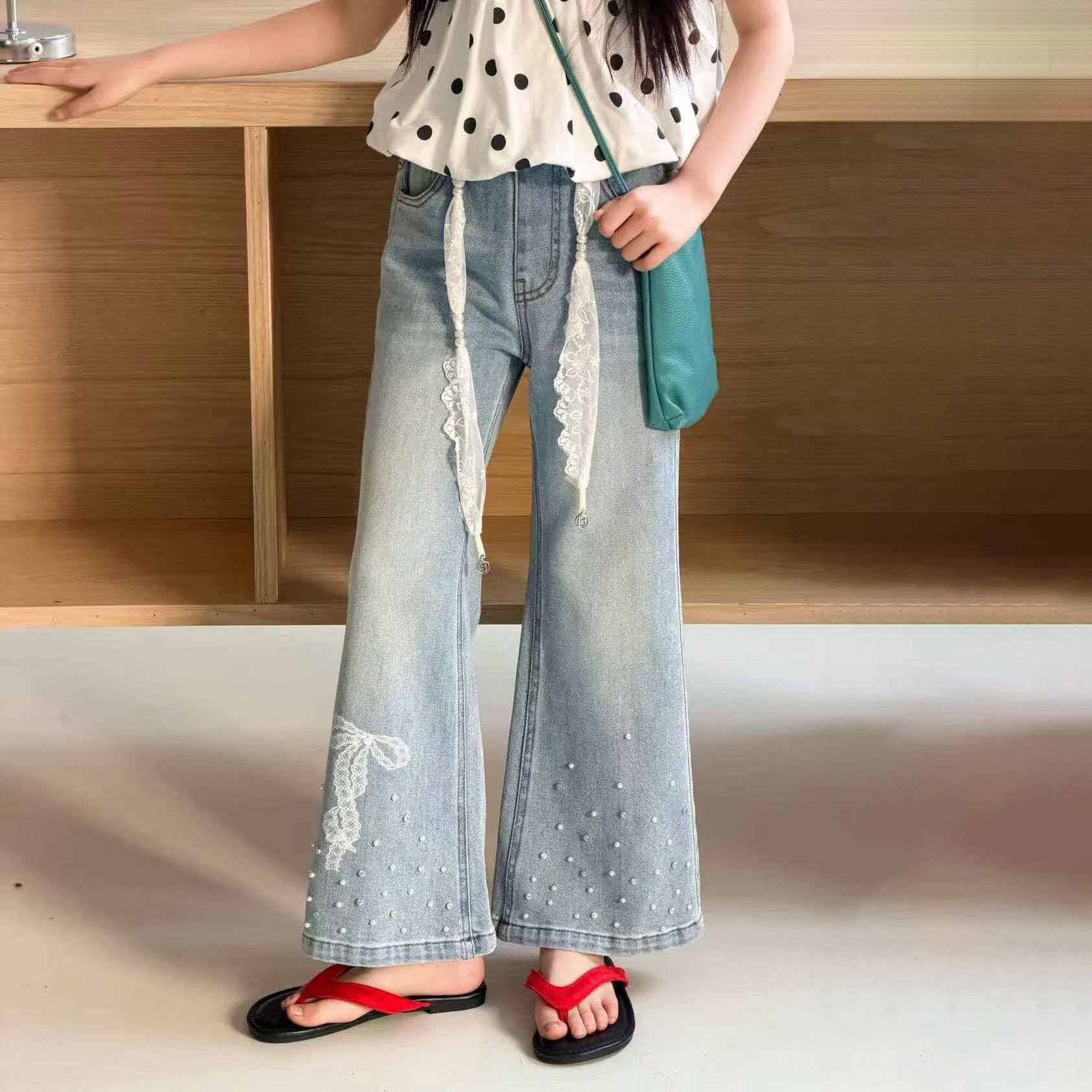 女童时尚钉珠牛仔裤2026春季新款韩版儿童甜美百搭蝴蝶结喇叭裤子,童装/婴儿装/亲子装,儿童牛仔裤,淘宝优惠券,粉丝福利购,淘宝优惠卷