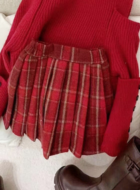 女童时尚毛呢格子百褶裙半身裙