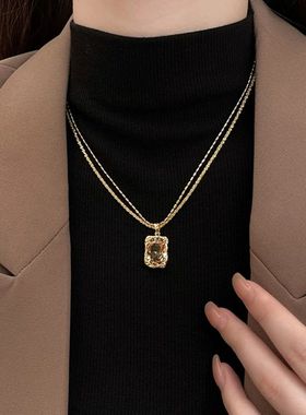 美拉德双层水晶吊坠项链秋冬复古高级感毛衣链小众气质百搭锁骨链