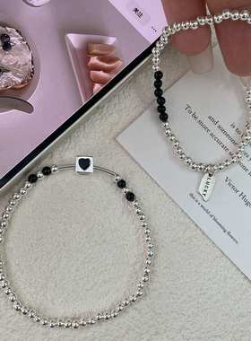 s925纯银韩版爱心黑色幸运字母小众时尚个性弹力绳手链ins风手串