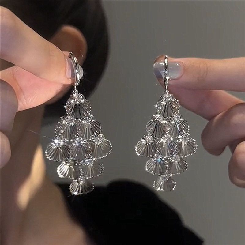 银色贝壳菱形耳环长款气质夸张耳环耳扣款个性复古欧美时尚耳饰