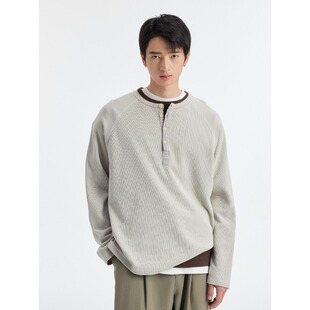 BUTTBILL 26SS亨利领汉麻华夫格长袖卫衣男打底衫水洗上衣服春季