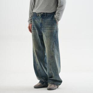 BUTTBILL 24AW弧线拼接复古13盎司原浆牛仔裤水洗棉做旧休闲长裤