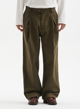 BUTTBILL 25AW全棉双褶人字纹休闲长裤子男情侣宽松通勤复古日系