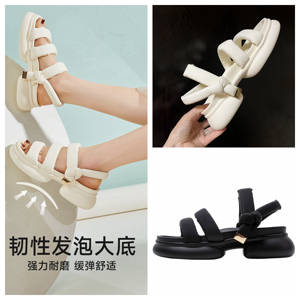 特！软fufu绝了~法式厚底凉鞋增高女白夏两穿拖鞋~舒服绳结扣结带