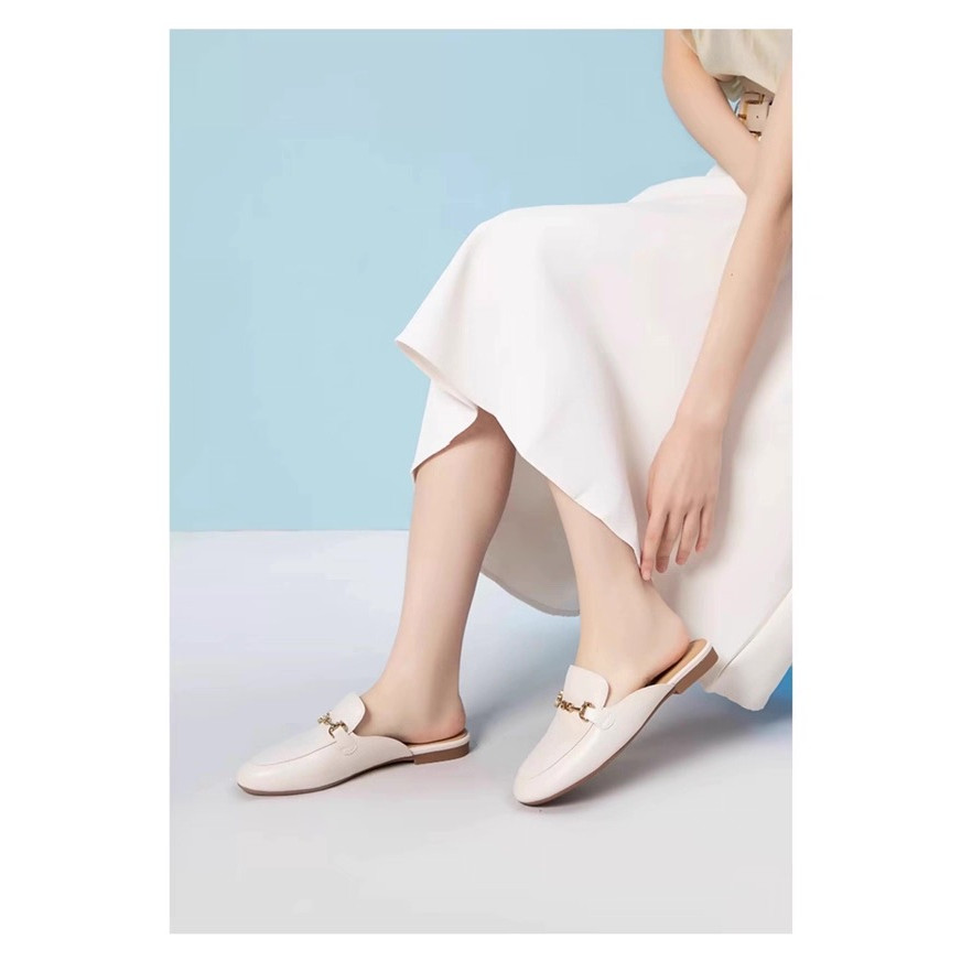 36#特~森D家！羊皮平底穆勒鞋圆头舒适半拖女包头拖鞋单鞋乐福鞋